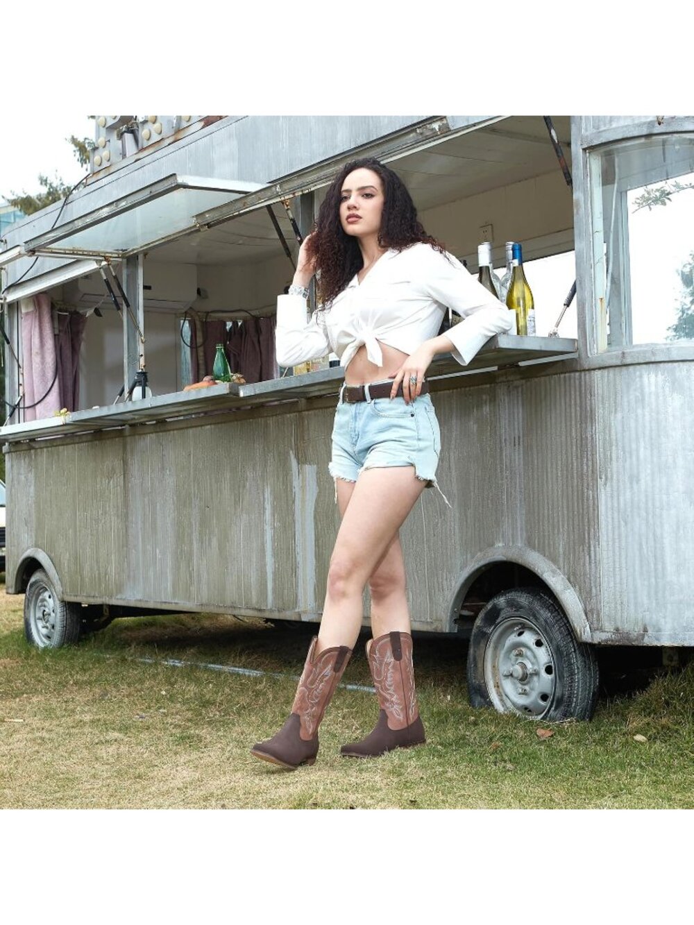 Women's Chocolate Tan Western Square Toe Mid Calf Embroidered Chunky Heel Boots - Picture 2 of 6